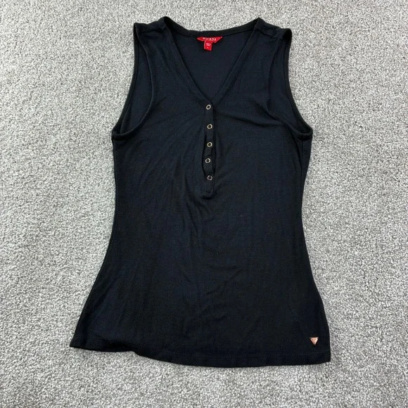 Guess Womens Black Ribbed Henley Tank Top V-Neck Sleeveless Large Y2K Goth Moto - Picture 2 of 8